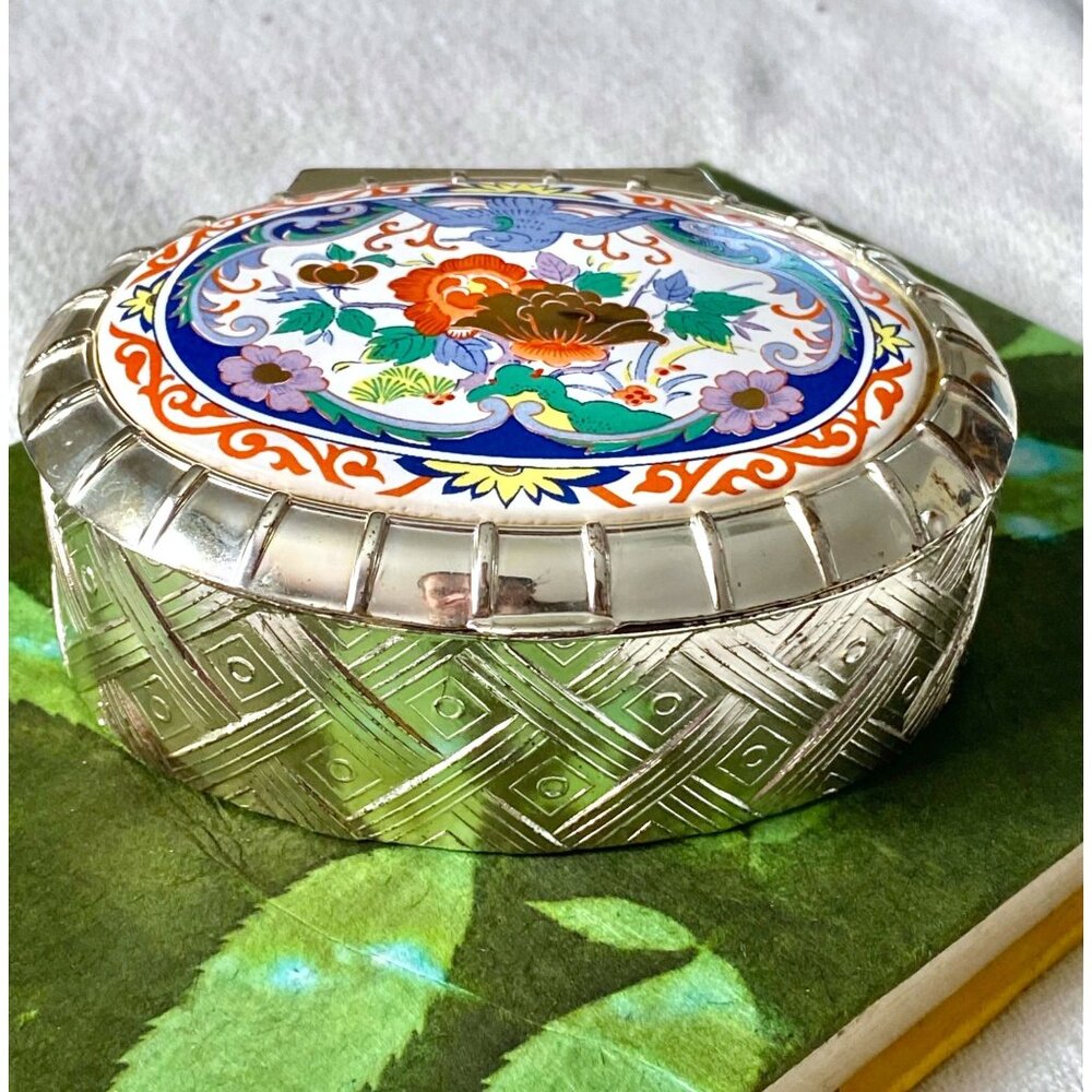 F.B. Rogers Vintage Silver Plated Jewelry Trinket Box Floral Inlay Mirror, Japan